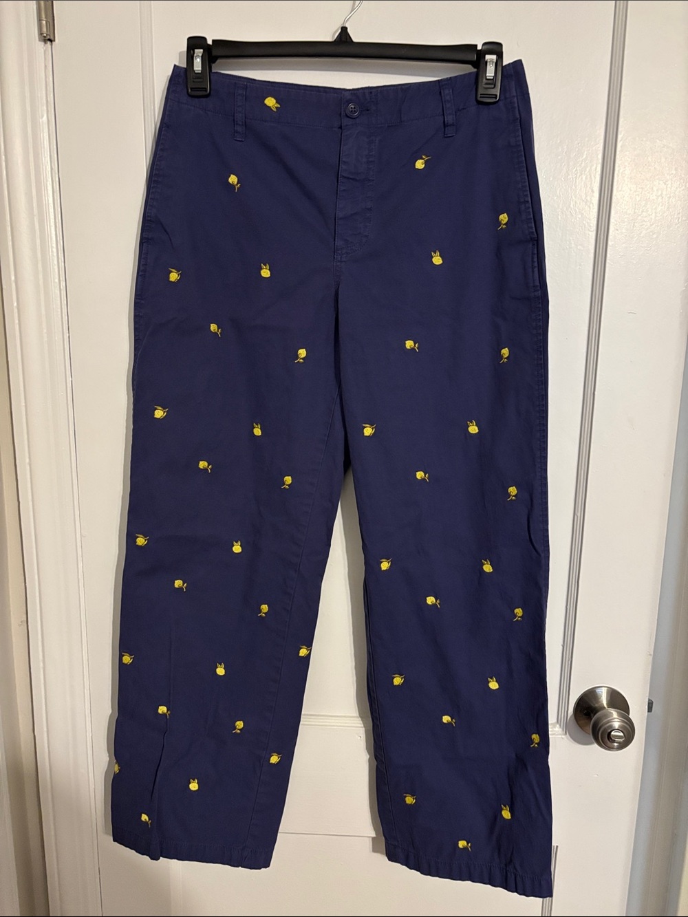 J. Crew Navy Straight-Leg Pants with Yellow Lemon Embroidery